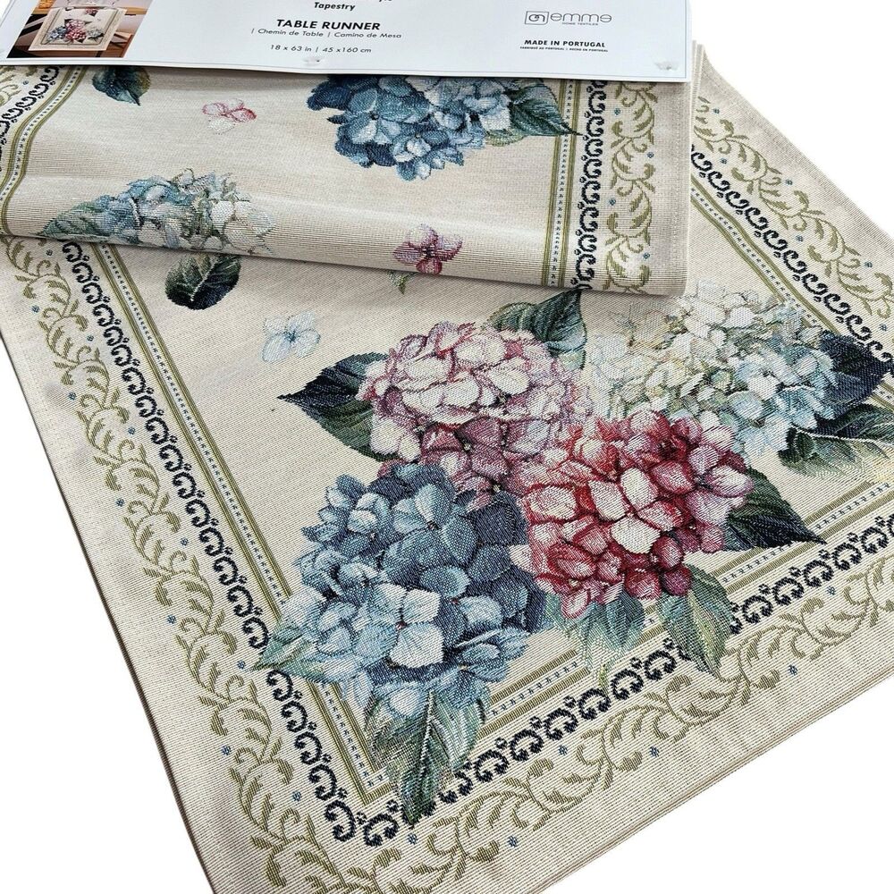 NWT EMME Jacquard Gobelin Tapestry Table Runner Floral Hydrangea Cottage